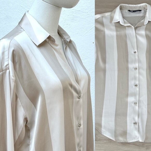 Zara Striped Satin Button Down Long Sleeve Shirt Blouse Size XS / Light Academia - Picture 1 of 16
